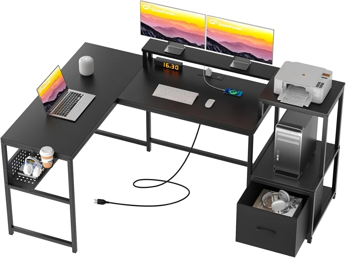 L Shaped Mesa do Computador com Gavetas, Prateleira Monitor, Suporte de Impressora, Tomada, Casa, Escritório de Trabalho, Escrita, 69"