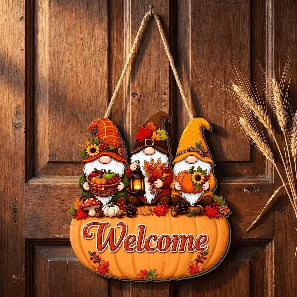 Wooden Ornaments Welcome Hanging Sign Pumpkin Maple Leaves Welcome Door Plate Dwarf Rustic Style Door Decoration Autumn