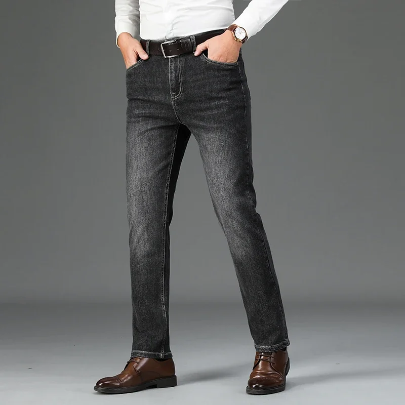 Heren herfst rechte jeans nieuwe modieuze slanke zakelijke broek klassieke effen kleur merk mannelijke kleding denim broek