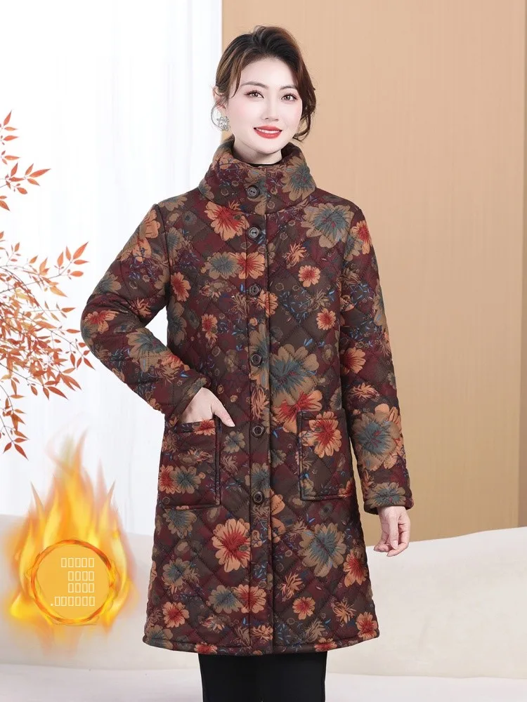 

Утепленное хлопковое пальто средней длины с флисовой подкладкой для женщин, зимняя верхняя одежда с цветочным принтом