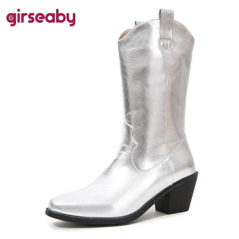 Girseaby Women Western Cowboy Boots Square Toe Chunky Heels 6cm Slip On Plus Size 43 44 45 Soft Daily Female Bota Gold Silver