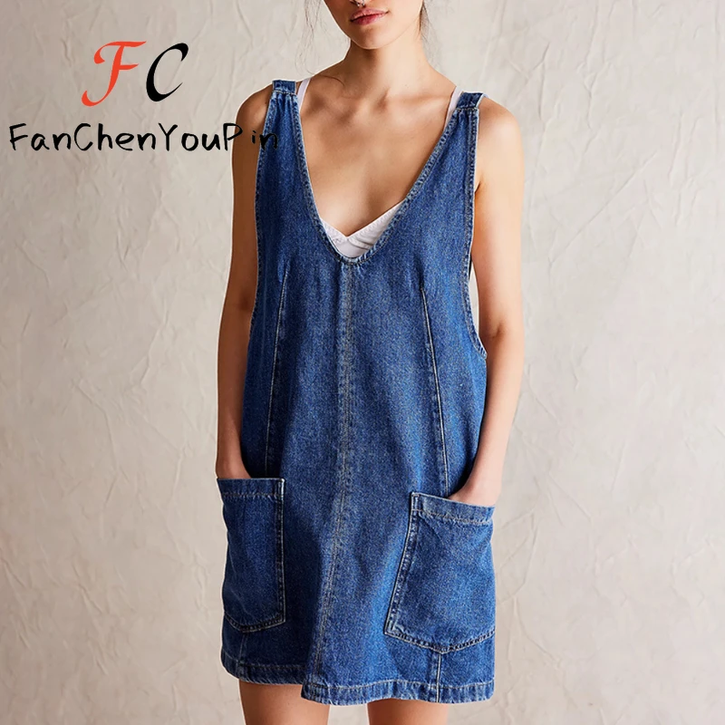 

2024 Summer New Women's Dresses Casual Denim Strap Pocket Mini Skirts Vintage Elegant A-Line Denim Backless Sleeveless Dress