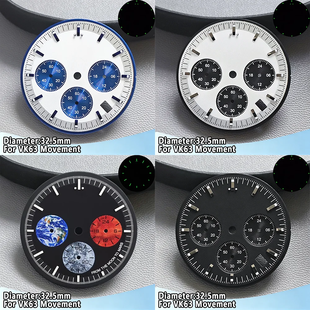 32.5mm VK63 Dial C3 Green Luminous Chronograph Dial For VK63 Movement Fit For Speed Master High Quality Wristwatch Sterile Dial