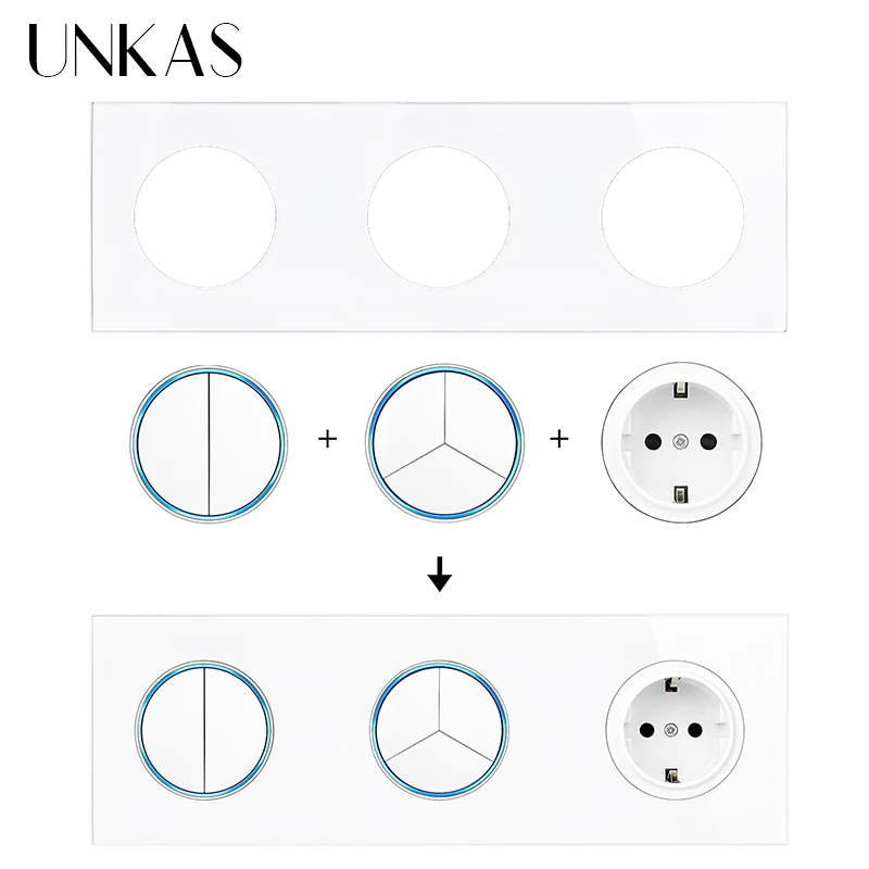 UNKAS White Tempered Glass Panel On / Off Wall Light Switch With Blue Large Aperture Backlight DIY Modules Free Combination