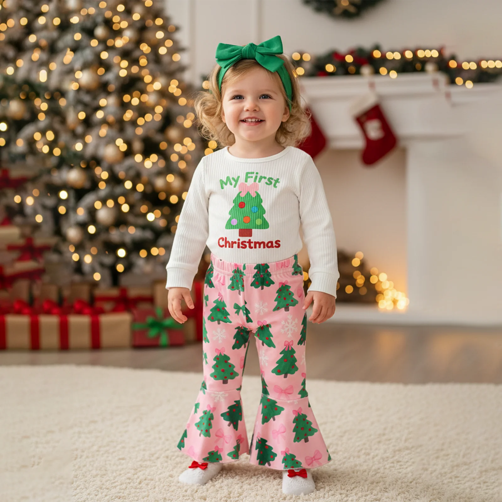 

Suefunskry Первые рождественские наряды для маленьких девочек, комбинезон с длинными рукавами, расклешенными брюками с узором дерева и повязкой на голову с бантом, комплект из 3 предметов