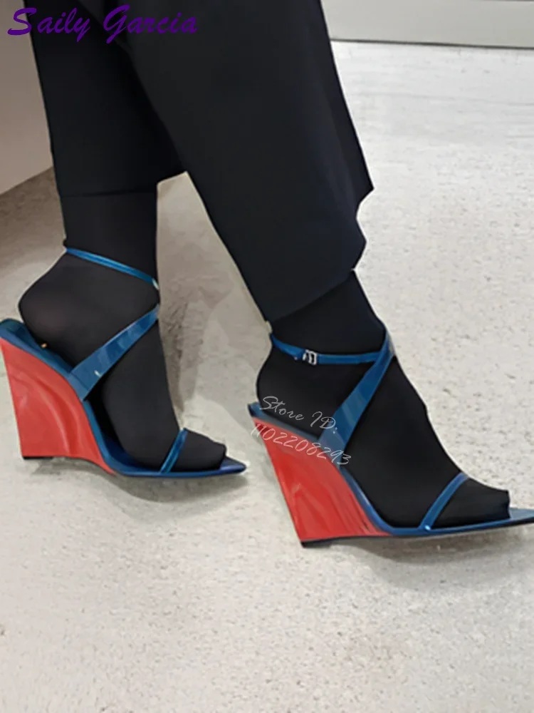 

Темно-синие босоножки с открытым носком, шелковые туфли-лодочки с пряжкой и ремешками на танкетке, женские туфли-лодочки, новинка лета 2025, модные модельные туфли на высоком каблуке