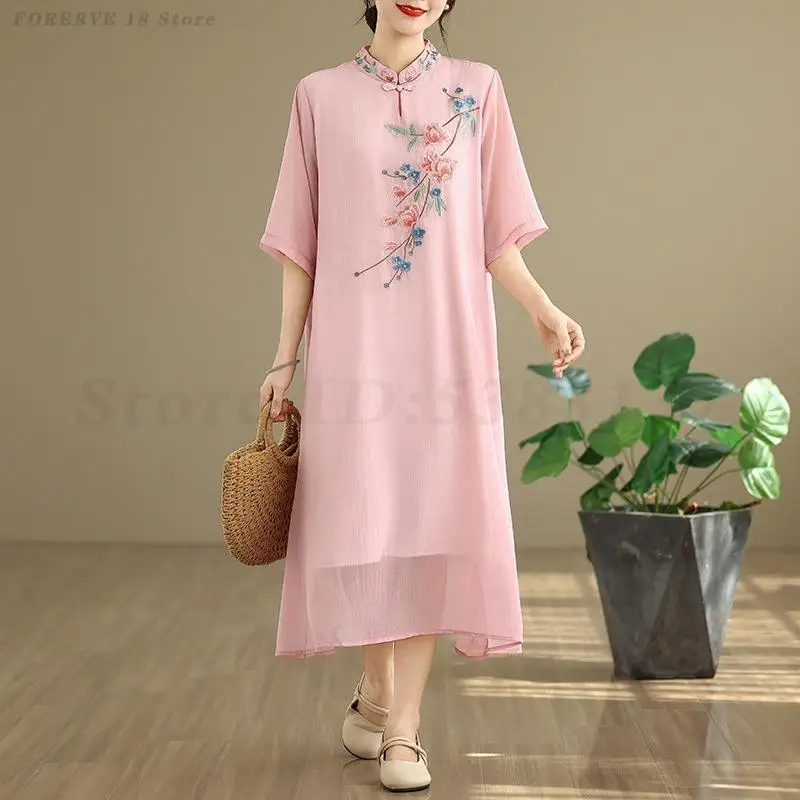 

Oversized Qipao Lady Elegant Chesongam Chinese Tradition Embroider Dress Summer New Vestidos Vintage Mandarin Collar Shirt
