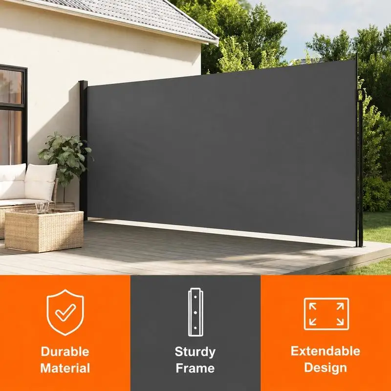 Auvent latéral rétractable anthracite 220x600 cm, tissu polyester imperméable anti-UV, structure acier aluminium, accessoires de fixation inclus, brise-vue intimité pour terrasse, balcon, jardin, patio, résistant à la pluie, au soleil et au vent, montage simple.