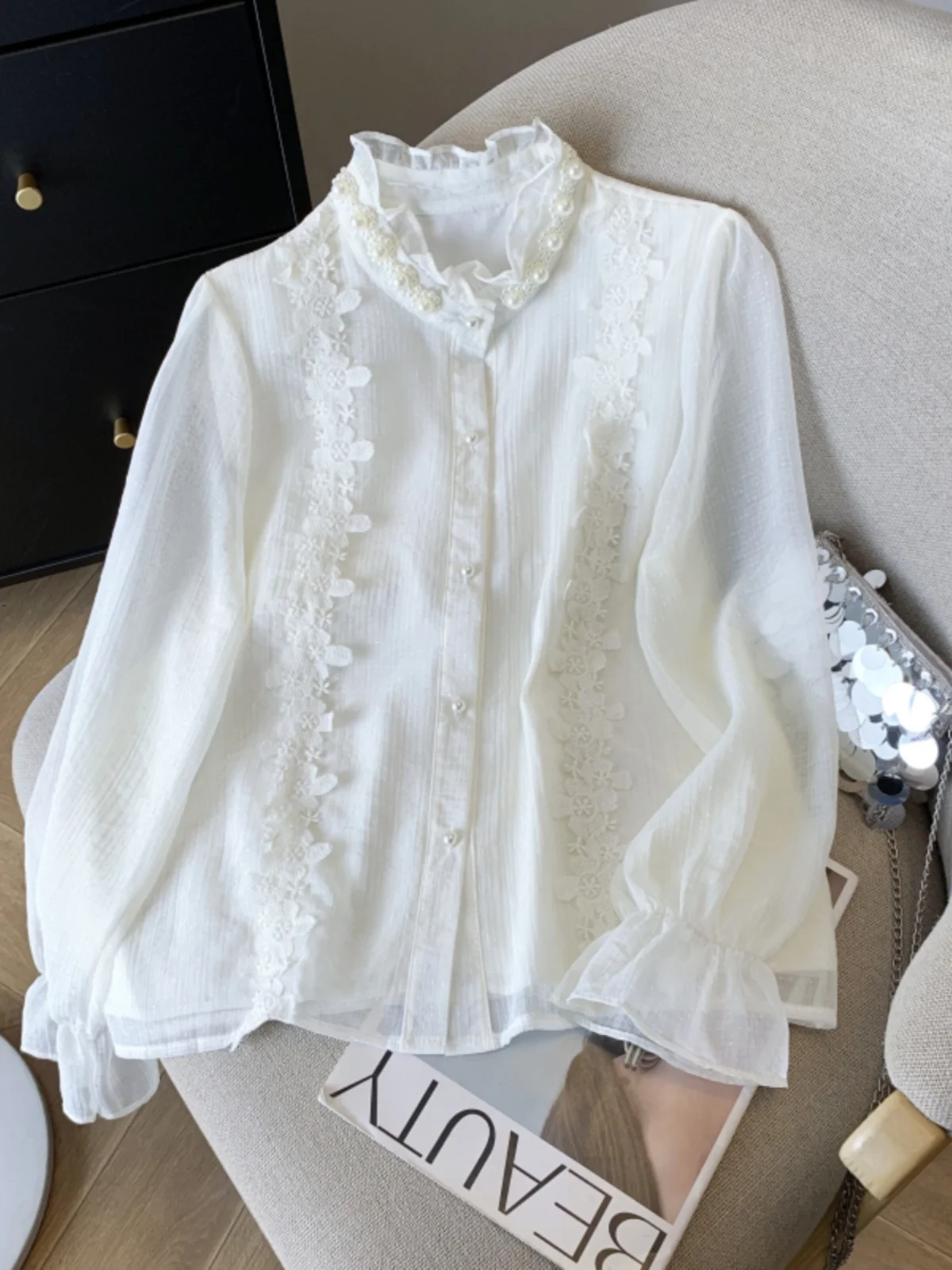 

Женская шифоновая блузка с воротником-стойкой Ele, весна-осень 2026, новая коллекция, красивый базовый топ для повседневной носки, с длинным рукавом