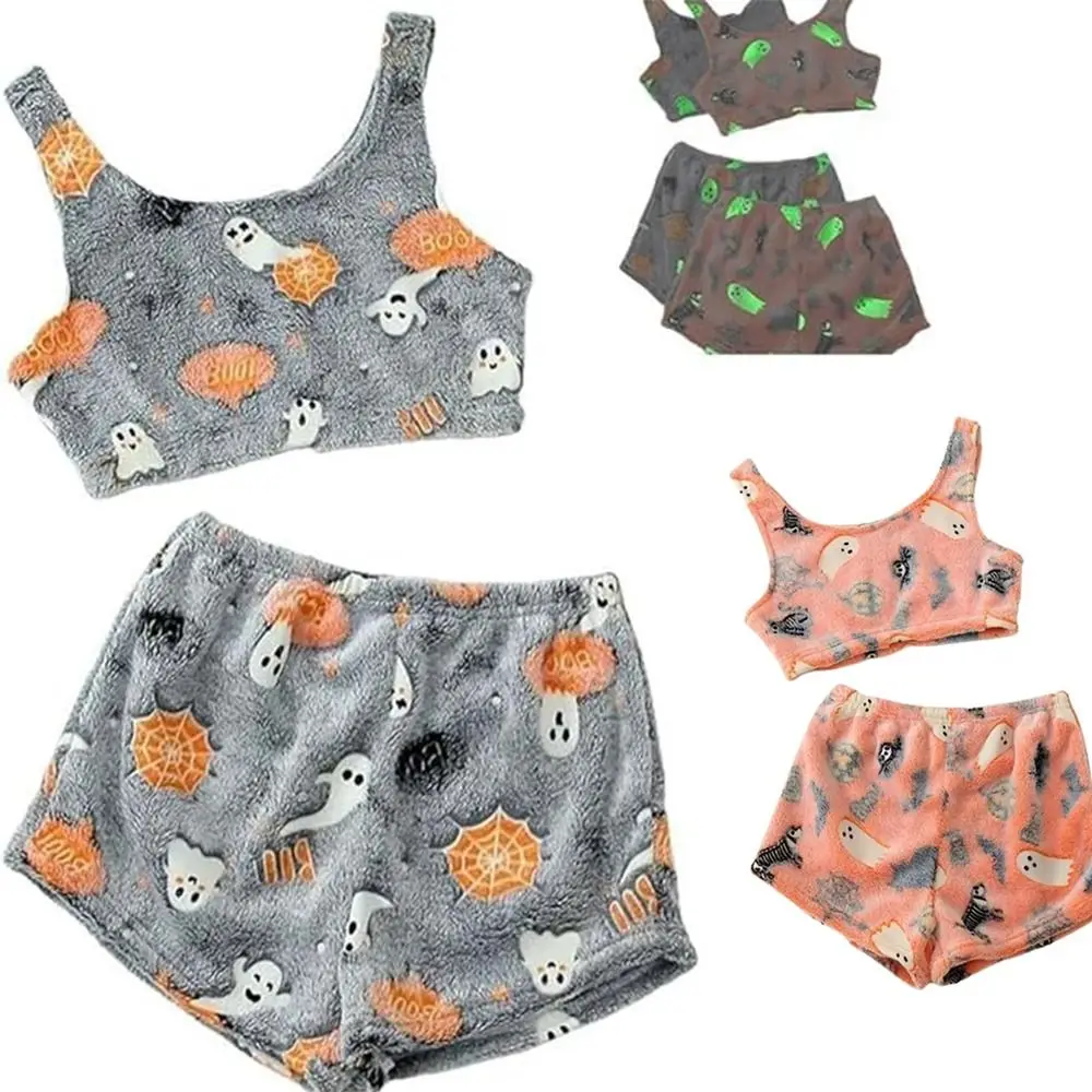 Conjunto de pijama con chaleco espeluznante grueso, pijama de dos piezas de terciopelo Coral, pantalones cortos, conjunto de pijama sin mangas con estampado que brilla en la oscuridad