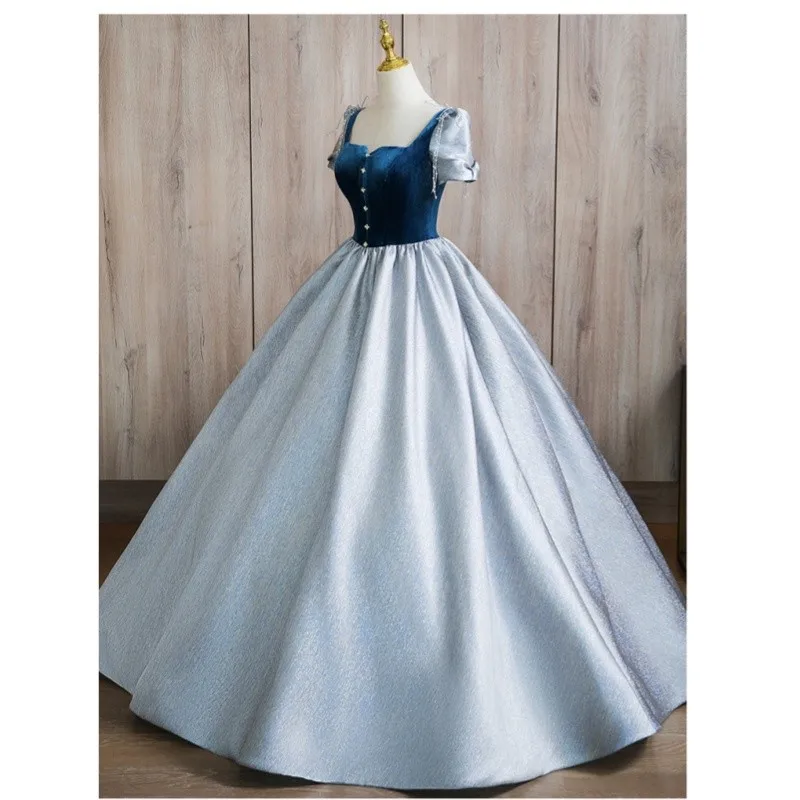 Blaue Prinzessin Quince anera Kleid mit kurzen Ärmeln einfache Vintage boden lange Abschluss kleider neue Satin elegante Ballkleider