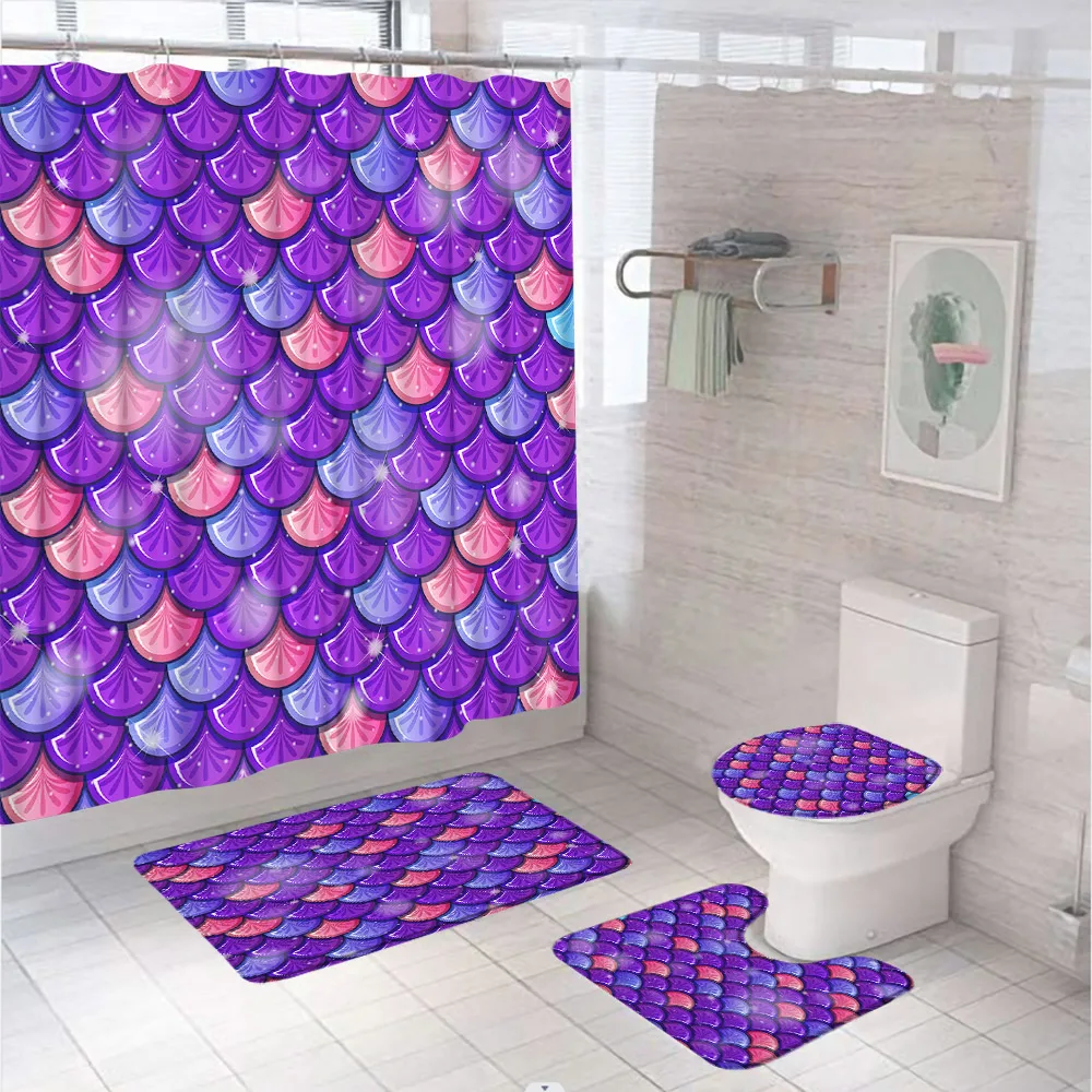 

Purple Mermaid Fish Scale Shower Curtain Set Glare Fairy Tale Geometric Bathroom Curtains Non-Slip Bath Mat Rug Lid Toilet Cover