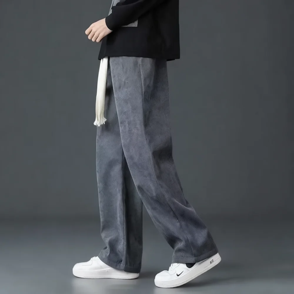 2025 Winter Mens Corduroy Straight Trousers Loose Wide Leg Pants Thick Fleece Lined Thermal Anti Wrinkle Casual Fashion Bottoms