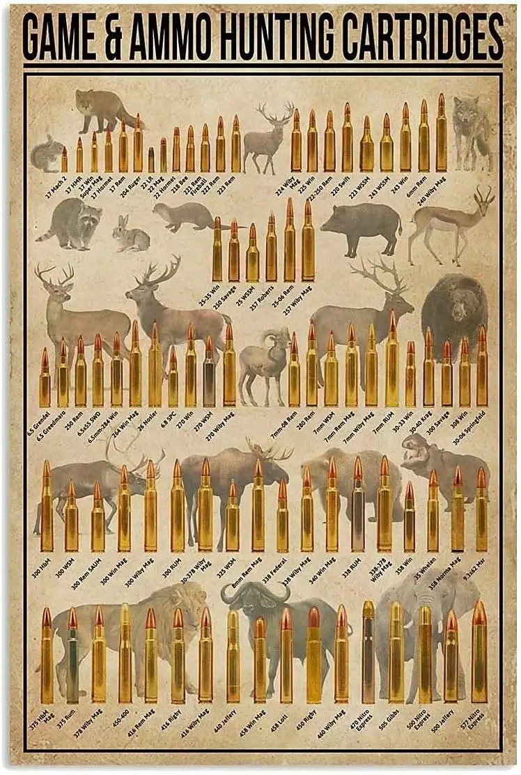 Affiche de connaissances sur la chasse aux armes de chasse, peinture rétro, plaque en étain pour rue, garage, restaurant familial, café, bar, cave des hommes, ferme, etc.
