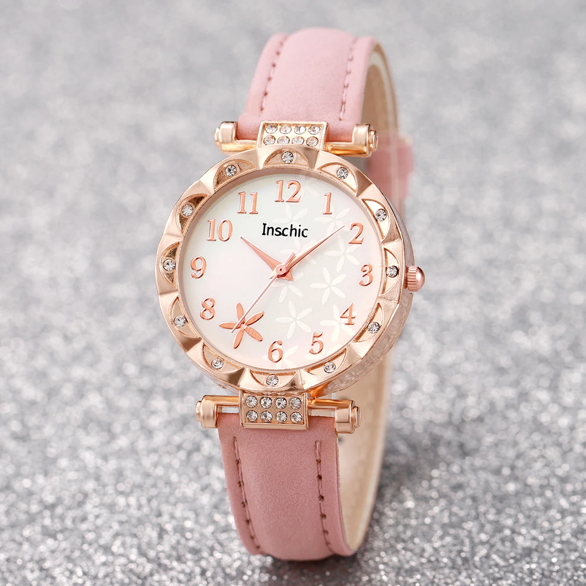 5PCs/Set Women\'s Flower Leather Quartz Watch Pink Bead Set