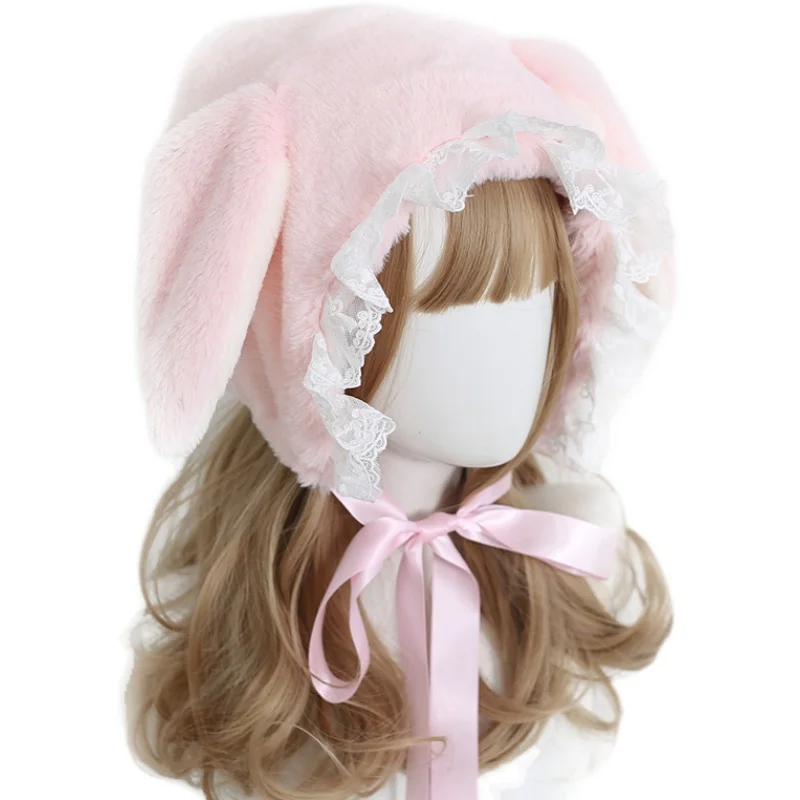 Japanese Style Sweet and Cute Lop Eared Rabbit Ushanka Lace Lolita Earmuffs Hat All-Match Plush Winter Warm Hat