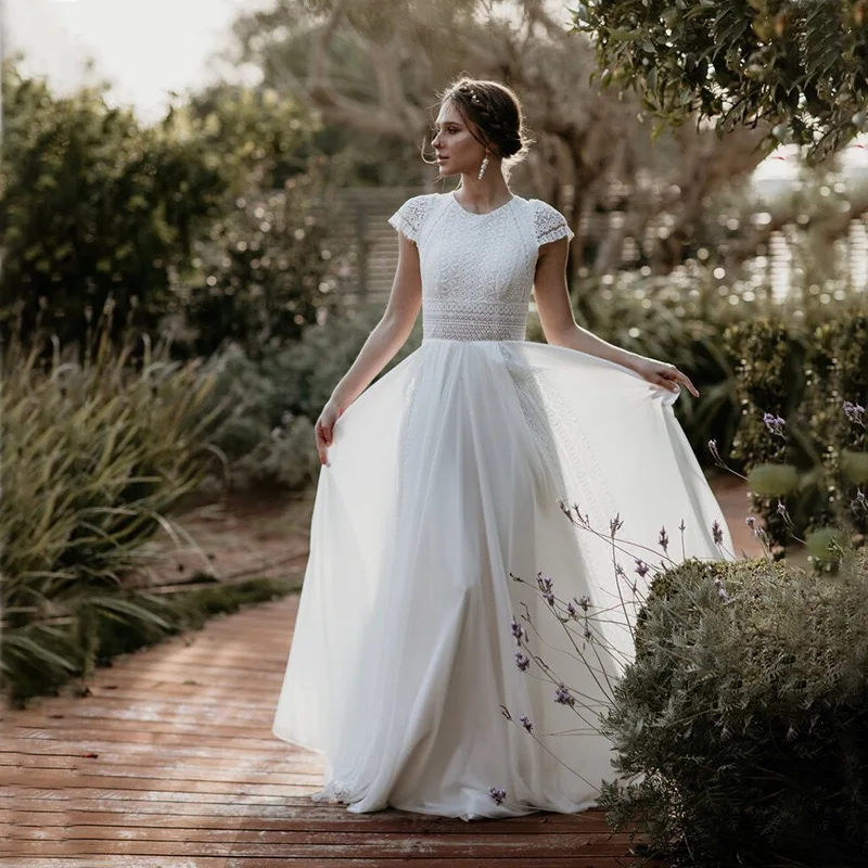 

Spring summer retro wedding dress lace short-sleeved A-word chiffon dress long dresses sweet atmosphere luxury white sexy cloth