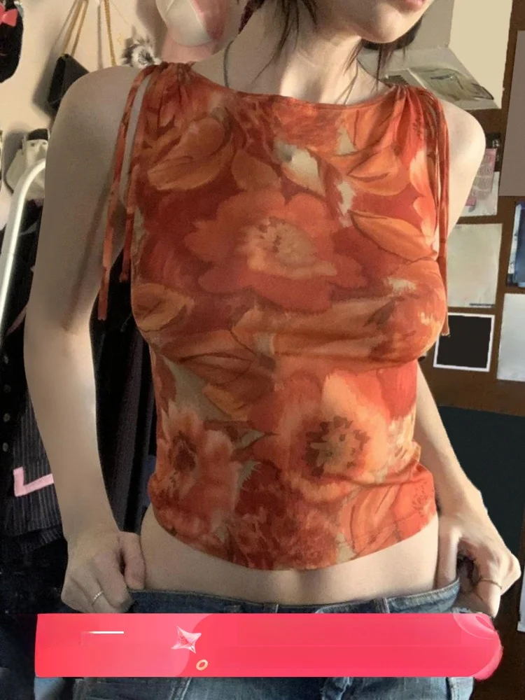 

Dopne Orange Floral Tie Waist Vest Women's Holiday Aosphere Sensation Slimming ort Length Plant Floral Print Top