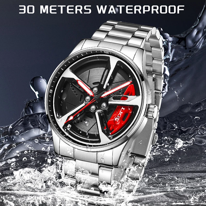 LIGE Creative Wheel Design Watch Men Fashion Sport Car Rim Waterproof Watches For Men Top Brand Luxury Luminous Quartz Men Watch