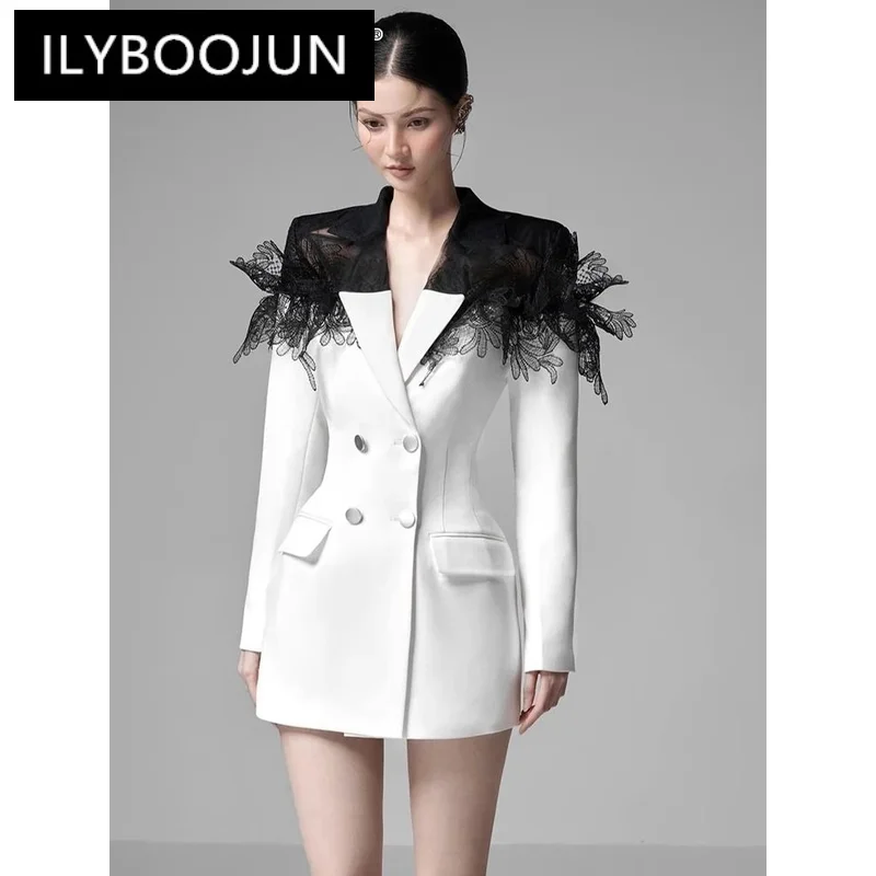 ILYBOOJUN Colorblock Temperament Blazers For Women Notched Collar Long Sleeve Patchwork Double Breasted Slim Blazer Female