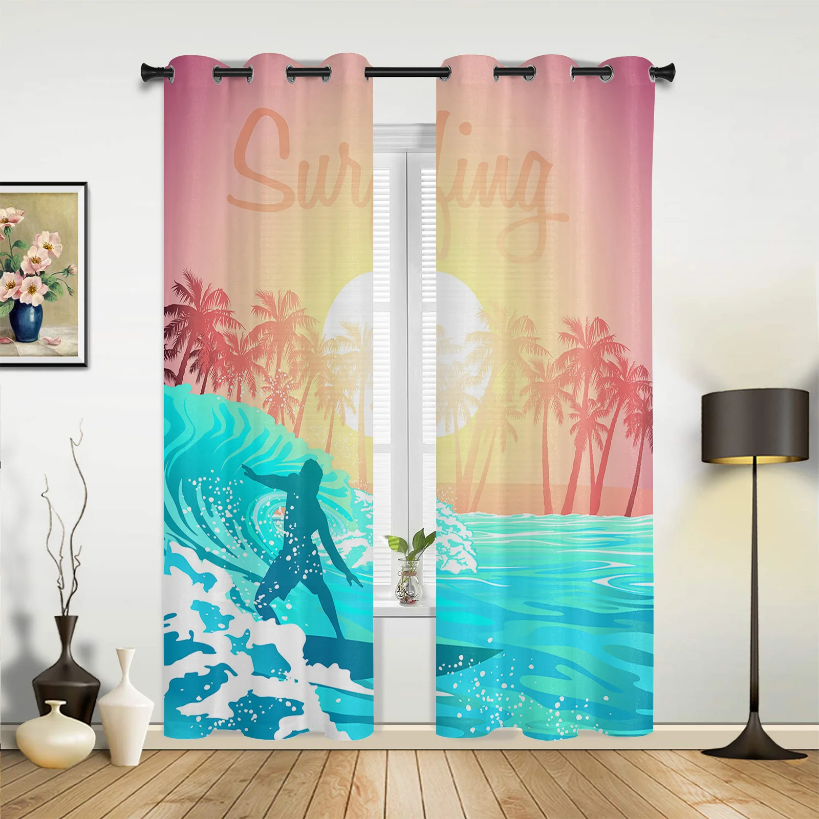 Surfing Waves Sunset Coconut Trees Curtains Modern Living Room Decor Window Treatments Drapes  Balcony Kitchen Valance Curtain