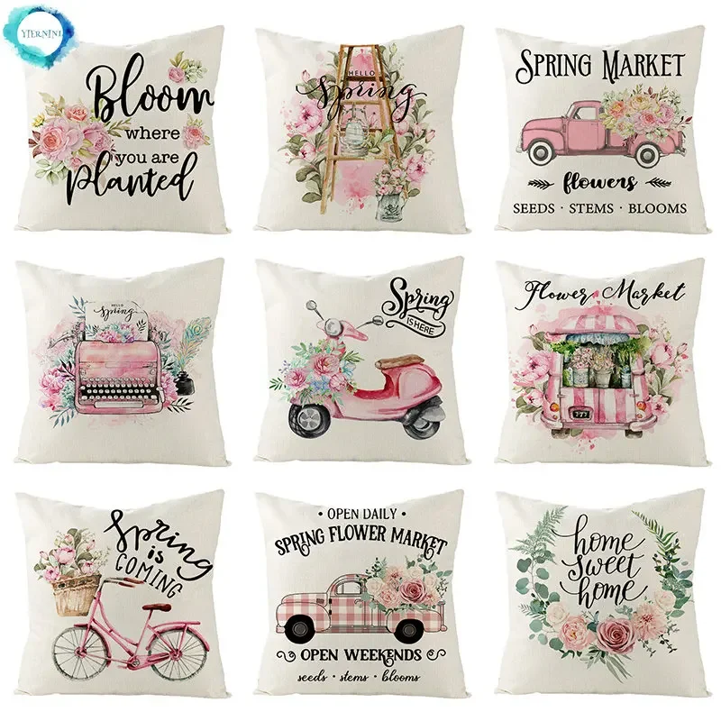 1pcs 45*45cm Pink Cute Truck Flower Print Linen Cushion Cover Throw Pillow Cover Nordic Room Decorative For Home Decor Car Sofa