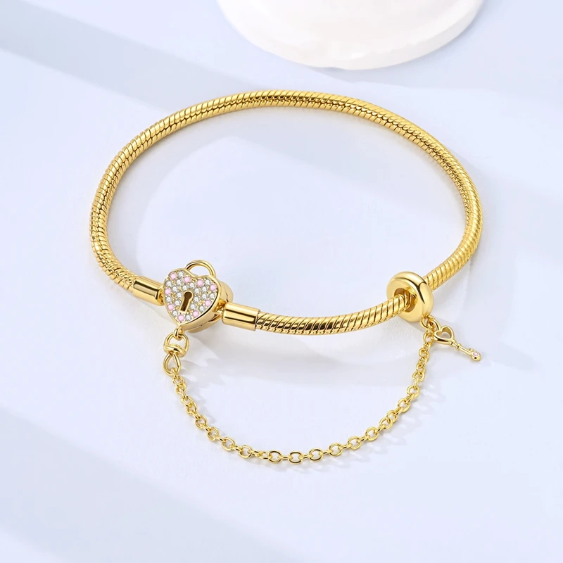 925 Silver Golden Heart Key&Lock Snake Bone Chain Bracelet for Women DIY Jewelry Gift Fit Original Charms Bead Pendant Bracelet