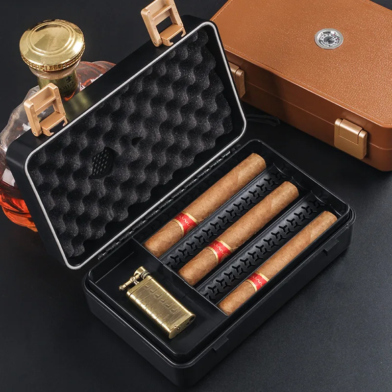 Portable Cigar Humidor With Hygrometer Humidifier ABS Storage Box Travel Case for 10 Cigars and Lighter Cutter Accessories