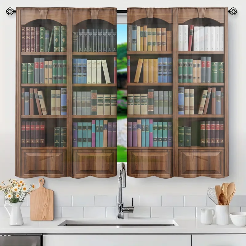 Decorative Bookshelf Curtains Room Divider Screen Semi-Sheer Library Panel Wood Grain Curtain Rod Window Patio Divider Kitchen B