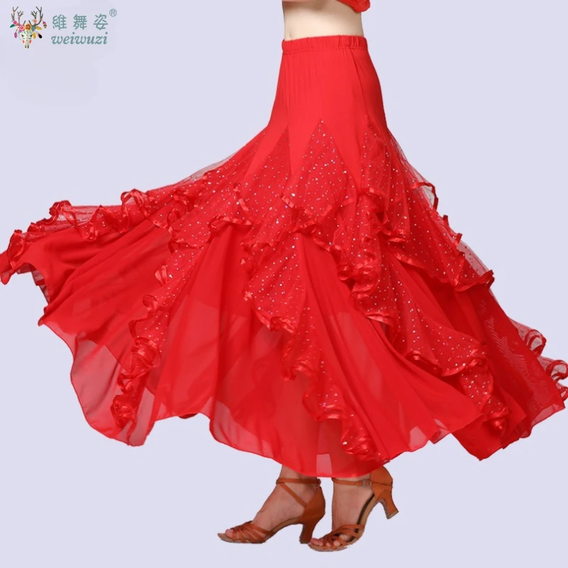 Falda de baile moderna de Flamenco, falda grande con lentejuelas, falda de baile de salón, falda de baile Social, vestido largo de práctica de baile de competición