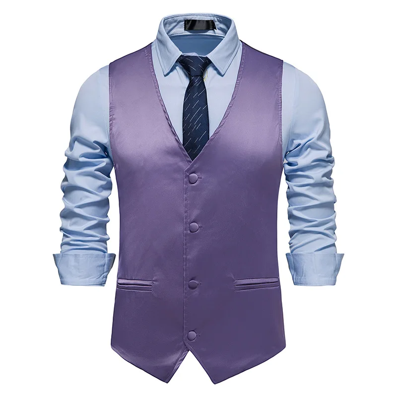 

Mens High Quality Purple Suit Vest Stylish Sleeveless V Neck Slim Fit Waistcoat Men Formal Business Wedding Tuxedo Suits Chaleco