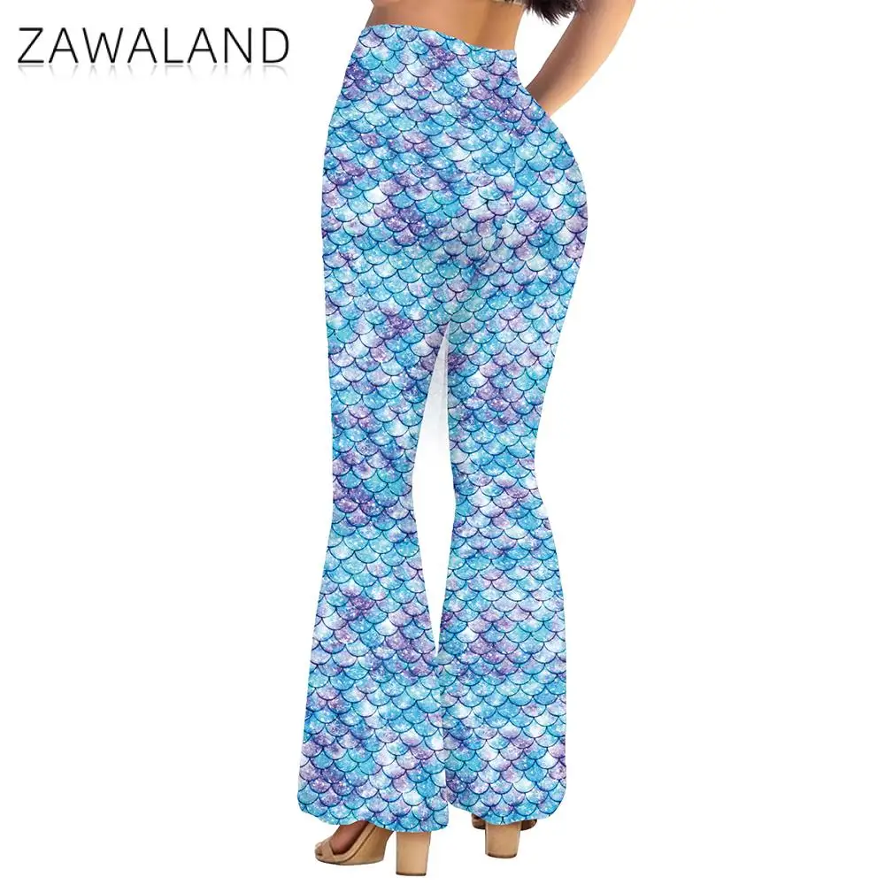 Zawaland-Disfraz de sirena para mujer, pantalones acampanados elegantes, Leggings con estampado de escamas de pescado, pantalones largos ajustados a la moda para fiesta