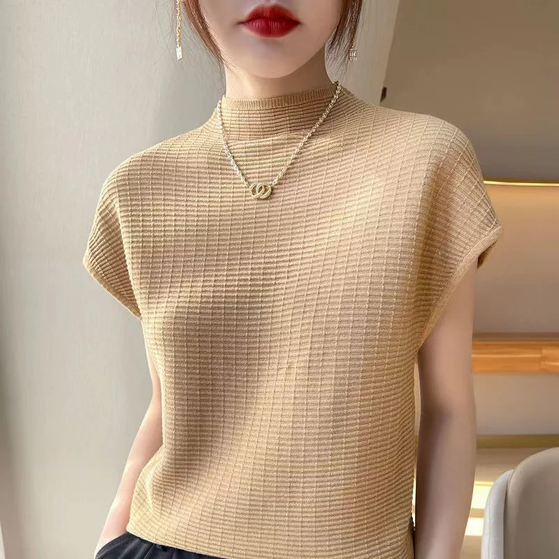 

Spring Summer Knitwear Short Sleeved Thin Solid Color Fashion T-shirt Versatile Pullover Knitted Sweater New 2024 Female Top