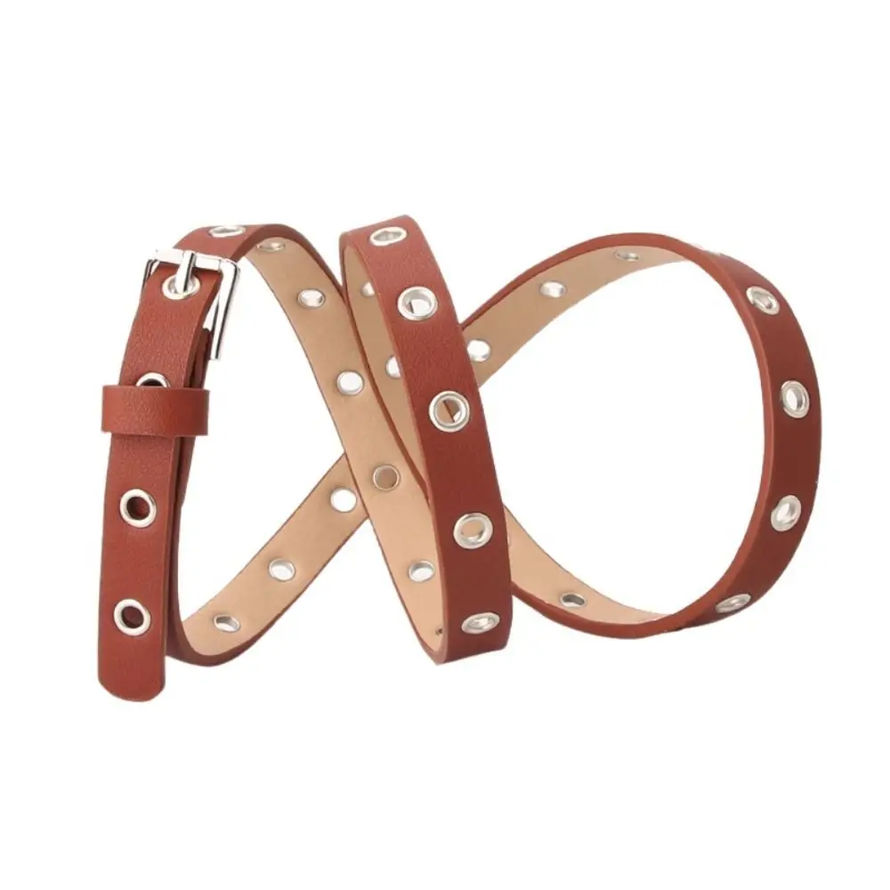 

Vintage Alloy Pin Buckle Waist Belts Grommet Eyelet PU Leather Waist Bands for Women Thin Holes Hollow Waistband Women