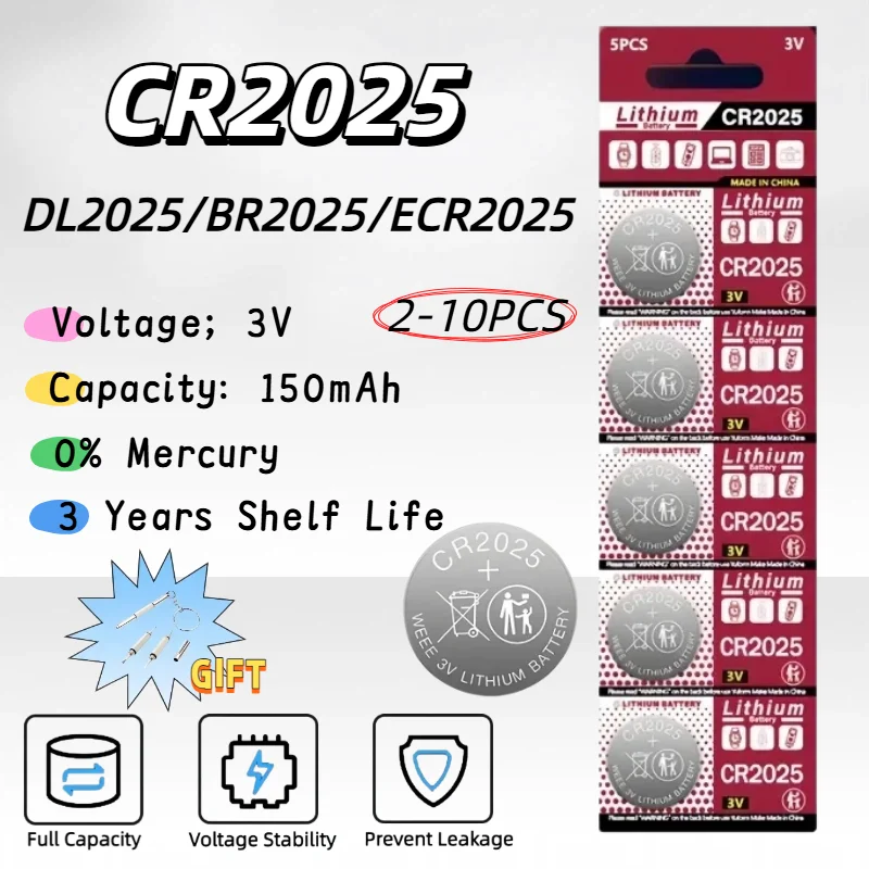 

Литиевая кнопочная батарейка CR2025 3V высокой емкости, 2-10 шт. для автомобильных ключей, пультов, часов, игрушек, калькуляторов