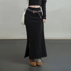 Maden Retro Knitted Skirt Solid Color Slit Fit with Single-side Slit Versatile A - line Skirt for Women's Autumn and Winter