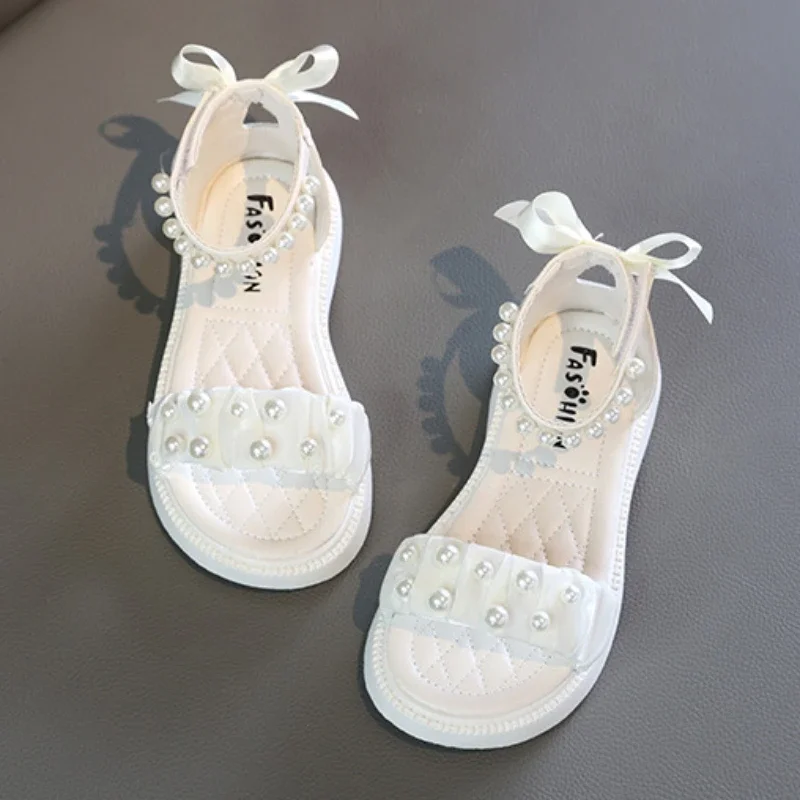 

Children's Sandals Summer Bowtie Princess Shoes for Girls Fashion Sweet Kids Causal Pearl Roman Sandals Solid Color Hook Loop