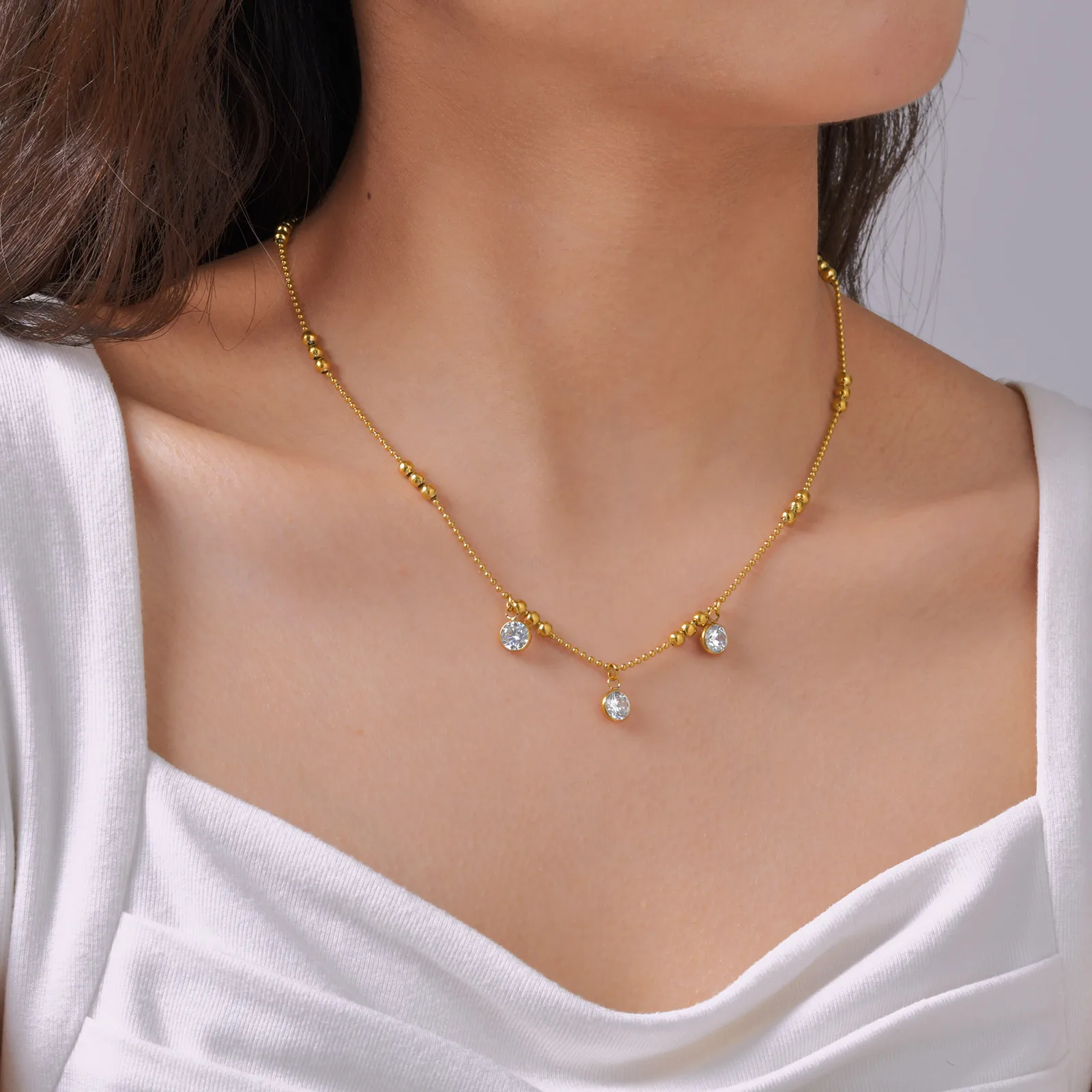 

Stainless Steel Cubic Zirconia Pendant Necklace Gold Plated Charm Bead Necklace For Women Waterproof Trendy Jewelry Party