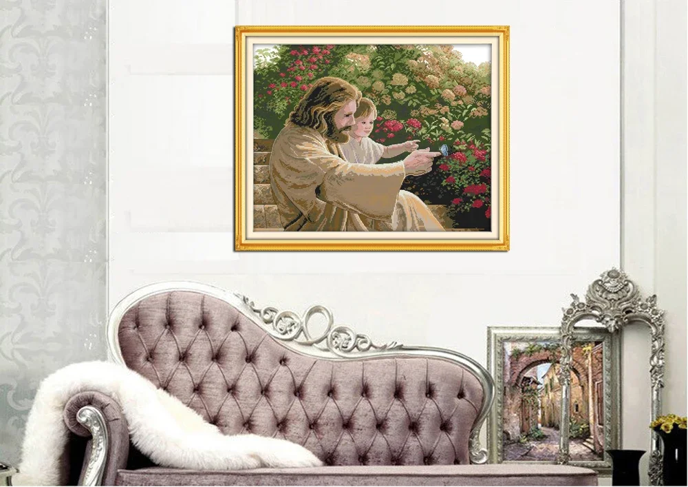 Joy Sunday Jesus and A Kid Embroidery Paintings Canvas Counted Cross Stitch Kits Printed Cross-stitch Set Embroidery Needlework