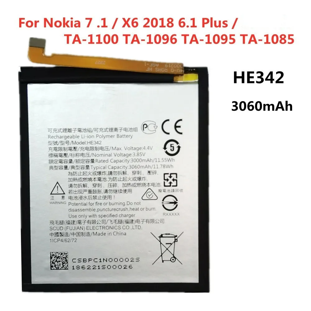 

Сменный аккумулятор HE342 емкостью 3060 мАч для Nokia 7 .1/X6 2018 6,1 Plus, высококачественные аккумуляторные батареи на складе