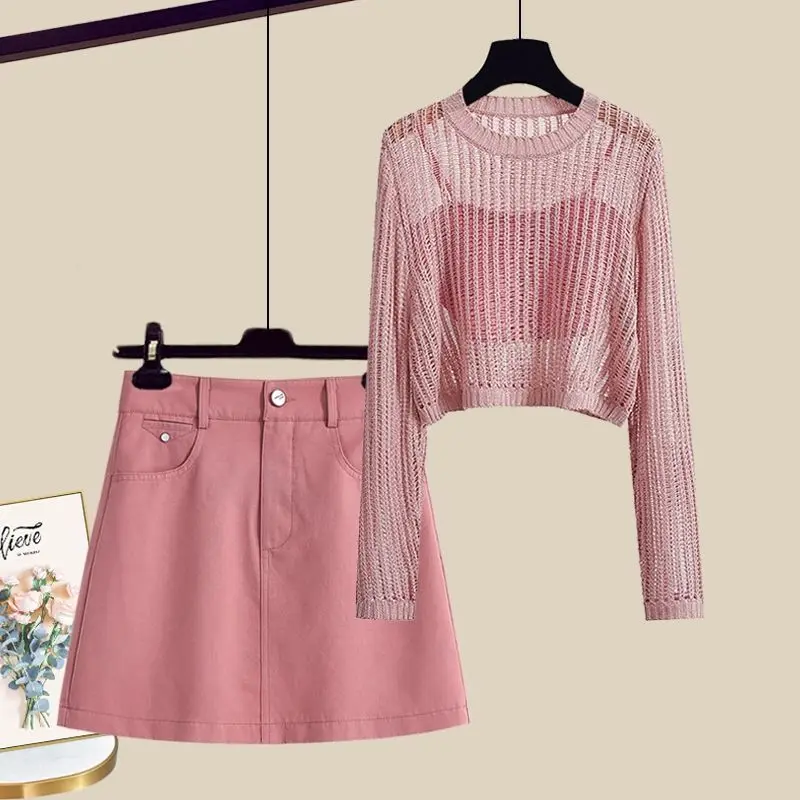 

Women Sexy Pink Suit Hollow Out Knitted Tanks & Camis And Skirt Three Piece Set Matching Outfit Fashion Korean Y2K Clothing