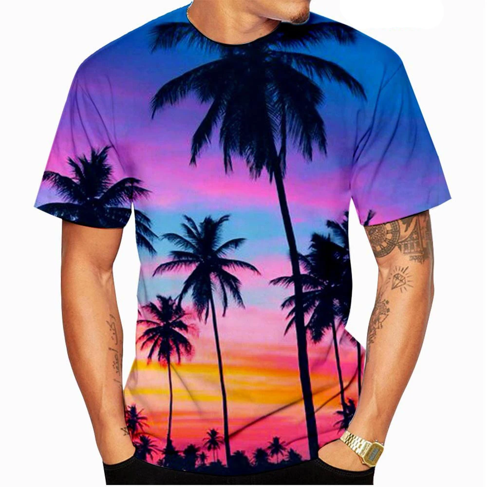 Men's Summer Printed Shirt Palm Motif Short Sleeve Loose Breathable Summer Holiday Beach Hawaiian Tees Tops