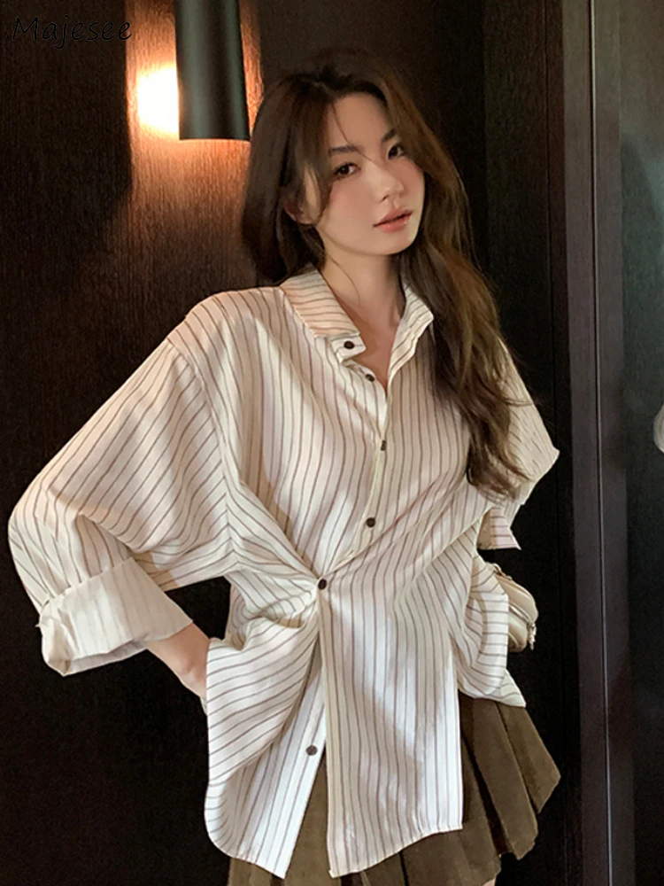 

Irregular Long-sleeve Shirts Women Vintage Striped Design Spring Summer Loose Stylish Female Shirt Chic Streetwear Camisas Mujer