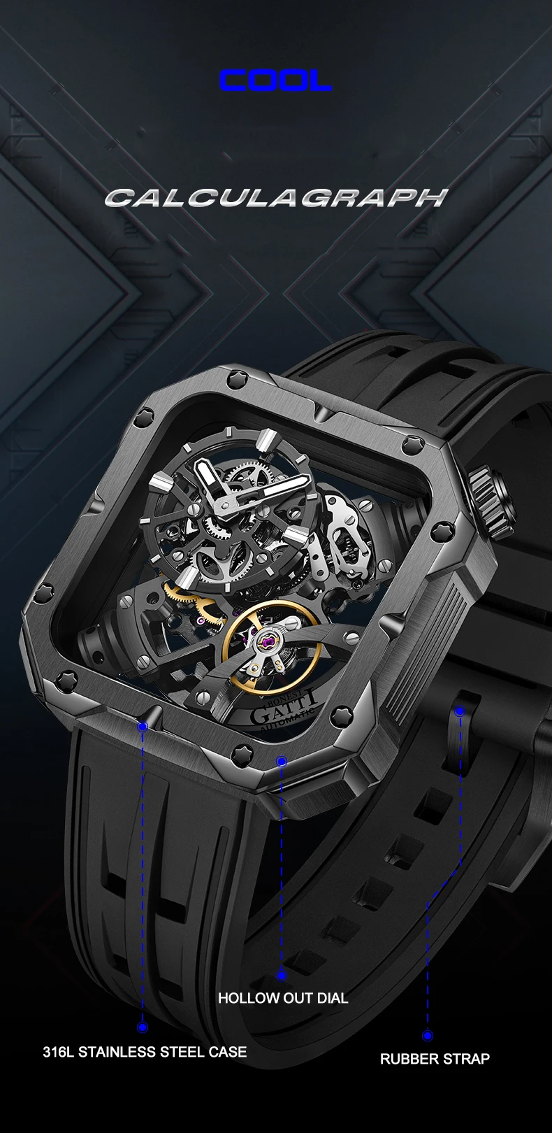 Bonest gatti masculino relógio automático de luxo quadrado relógio de pulso mecânico à prova dwaterproof água safira luminosa pulseira de borracha fluorada