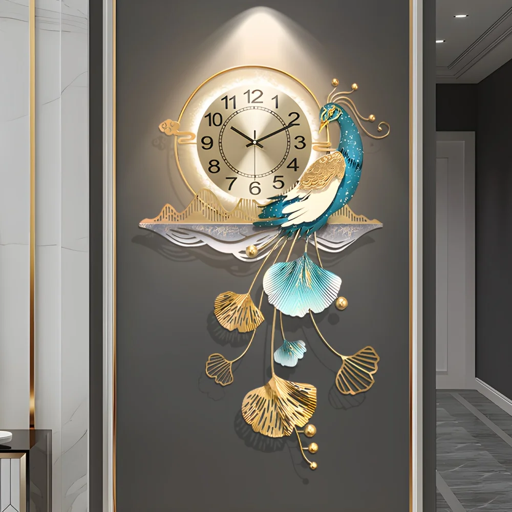 Large Peacock-Themed LED Wall Clock – 32.2 x 19.6 Inches Metal Decorative Clock with Silent Quartz Movement, Ideal for Living Ro view 2