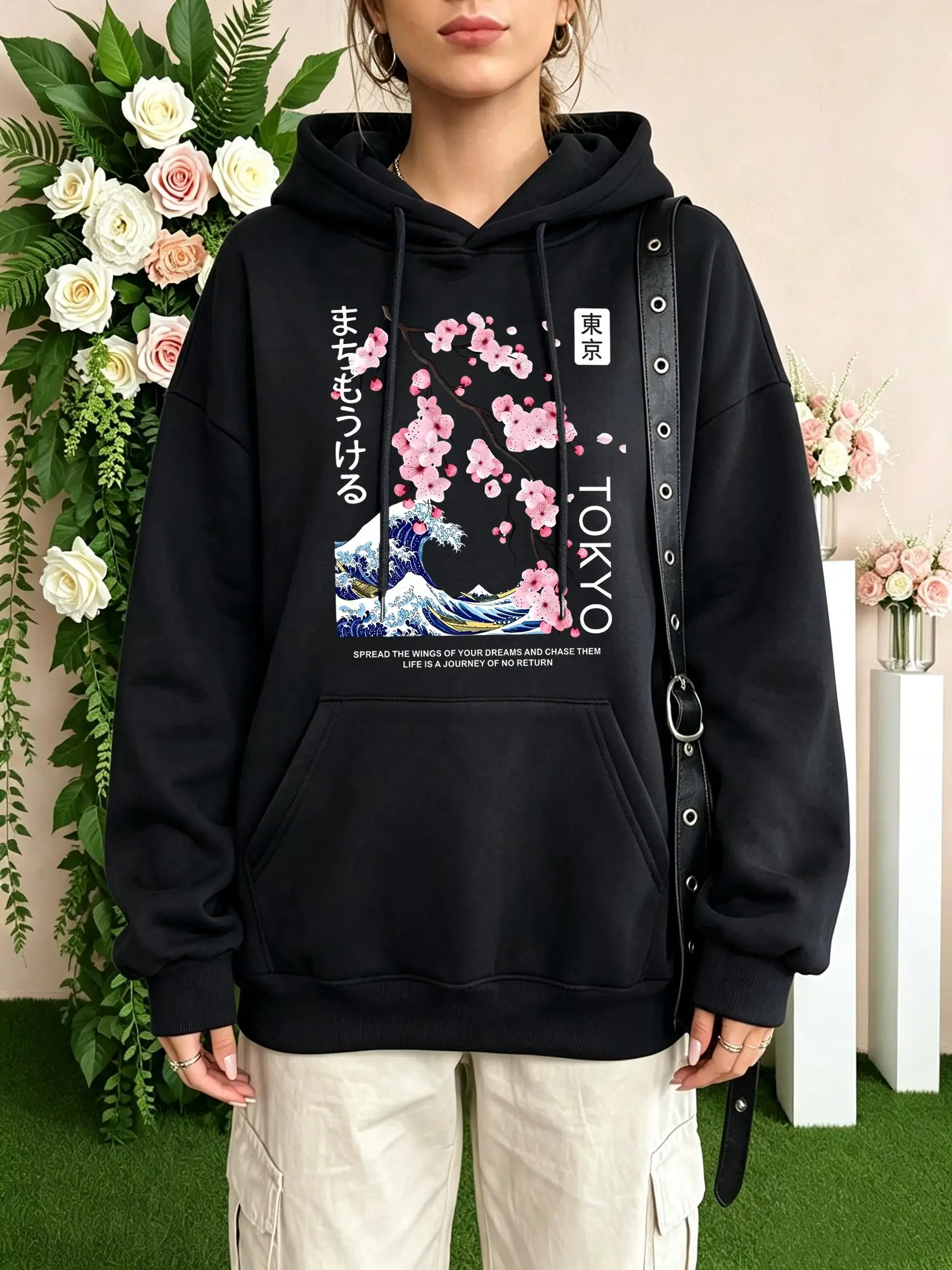Tokyo Cherry Blossom Wave Prints Hoodies Women Pocket Y2K Autumn Hoody Casual Fleece Streetwear Loose Comfortable Pullover
