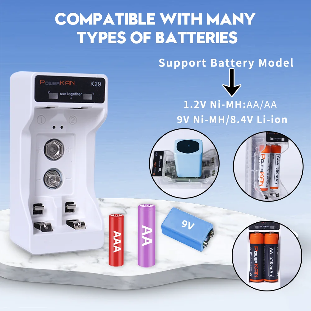 POWERKAN K29 for 9V Ni-MH/8.4V Li-ion&1.2V Ni-MH: AA/AAA Battery Charger 2-Slot Portable Small 3 Color Choices