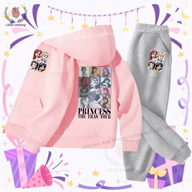 Disney Snow White Cinderella Jasmine and Ariel Princess Collection Cartoon Print Sweet Girl Zipper Hoodie Set Cute Hoodie Set