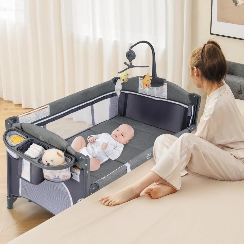 

Pack and Play, 5 in 1 Baby Bedside Sleeper with Bassinet, Diaper Changer, Mattress, Carry Bag, Music Box Hanging Toys, Foldable