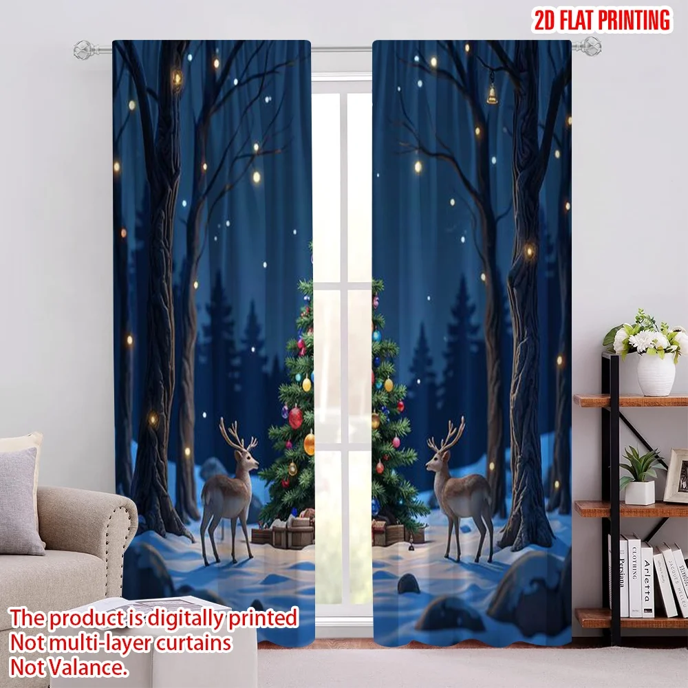 

2pcs 2D flat printing Merry Christmas Window Curtains Trees and forest animals Versatile Fabric Without Electricity Holiday